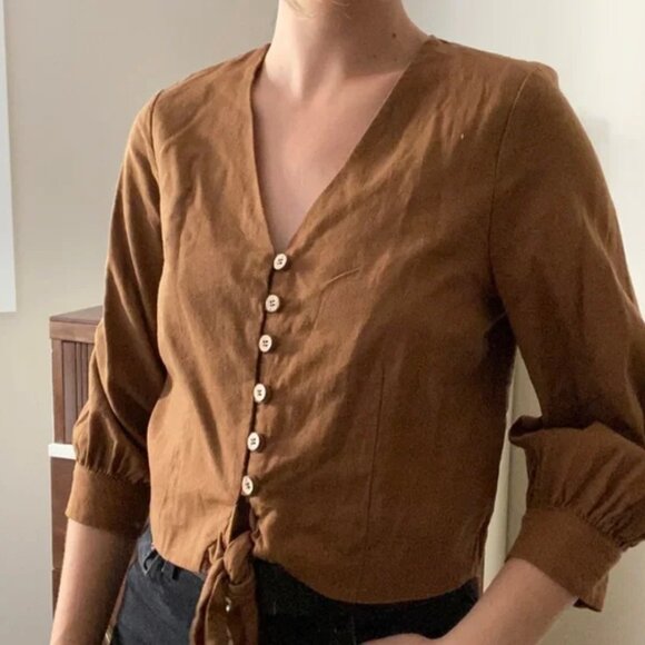JOIE Linen Blend Cropped Button Tie Front Blouse Top in Brown Boho Cottage Sz M - Picture 1 of 13